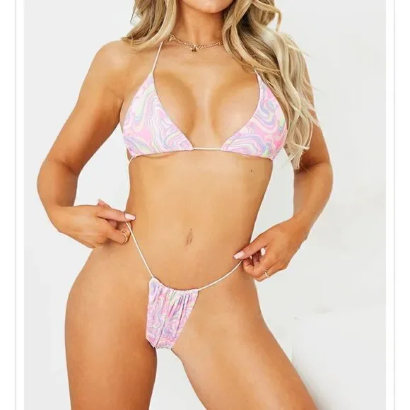 Pink Swirl Print Triangle Bikini - Pretty Little Thing - Picture 3 of 5